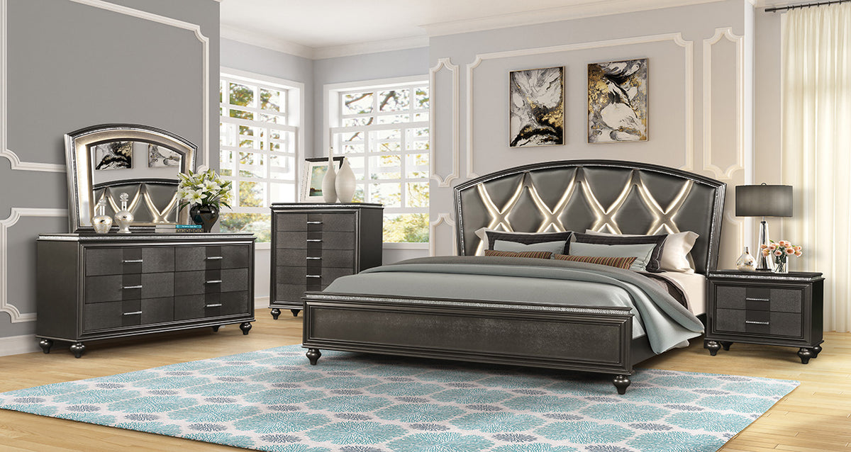 Bedroom Set Collection featuring a modern black bedroom set with upholstered bed, dresser, mirror, chest, and nightstand from Villa Furniture & Mattress Brampton.